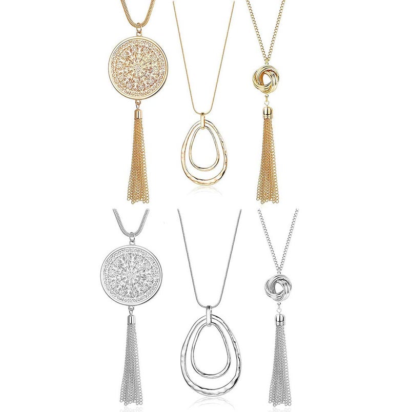 SEVENSTONE 6PCS Long Pendant Necklaces for Women Knot Disk Circle Tassel Statement Sweater Silver Necklace Set - Image 1